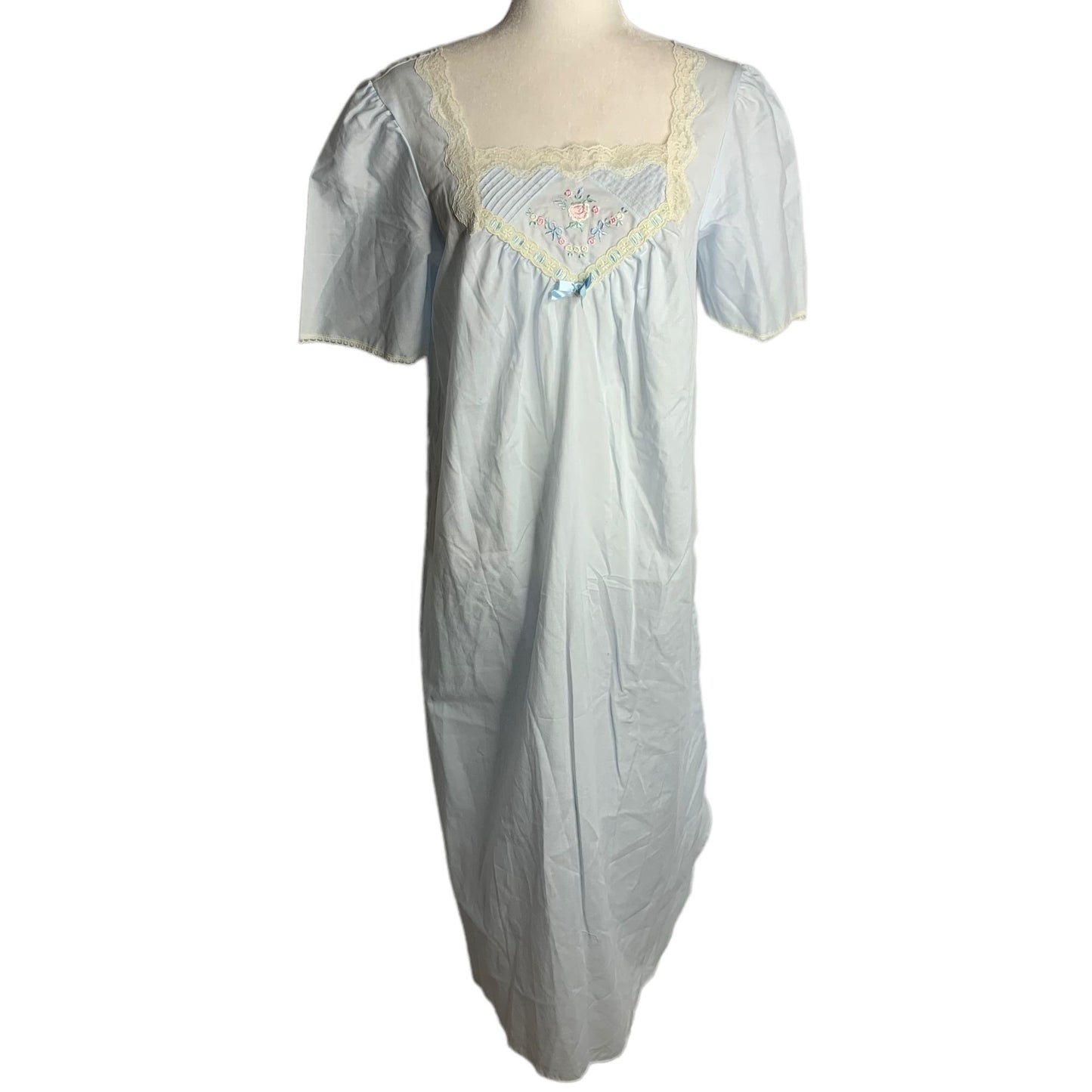 Vintage Barbizon Embroidered Long Nightgown S Blue Lace Short Sleeve Square Neck