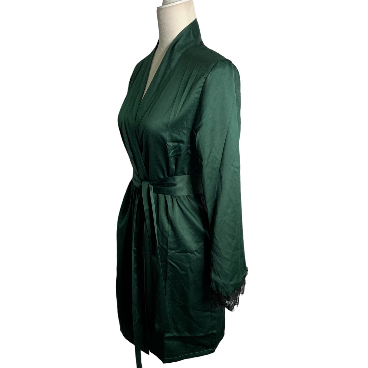 Fredericks of Hollywood Erina Satin Robe S Forest Green Lace Back Tie Belt NEW