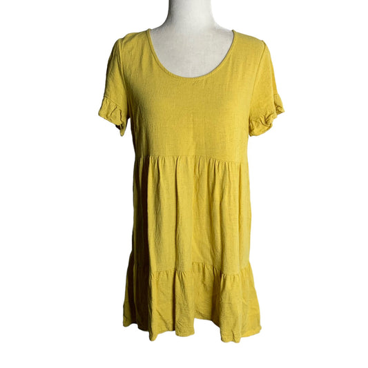 Susina Linen Blend Tiered Mini Dress M Yellow Short Sleeves Ruffle High Low