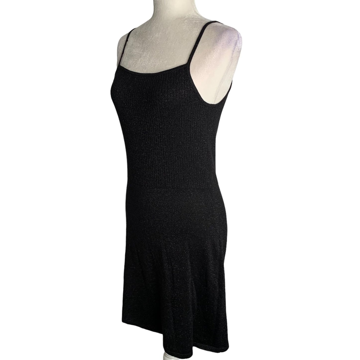 Vintage 90s Esprit Ribbed Knit Mini Dress M Black Metallic Spaghetti Straps