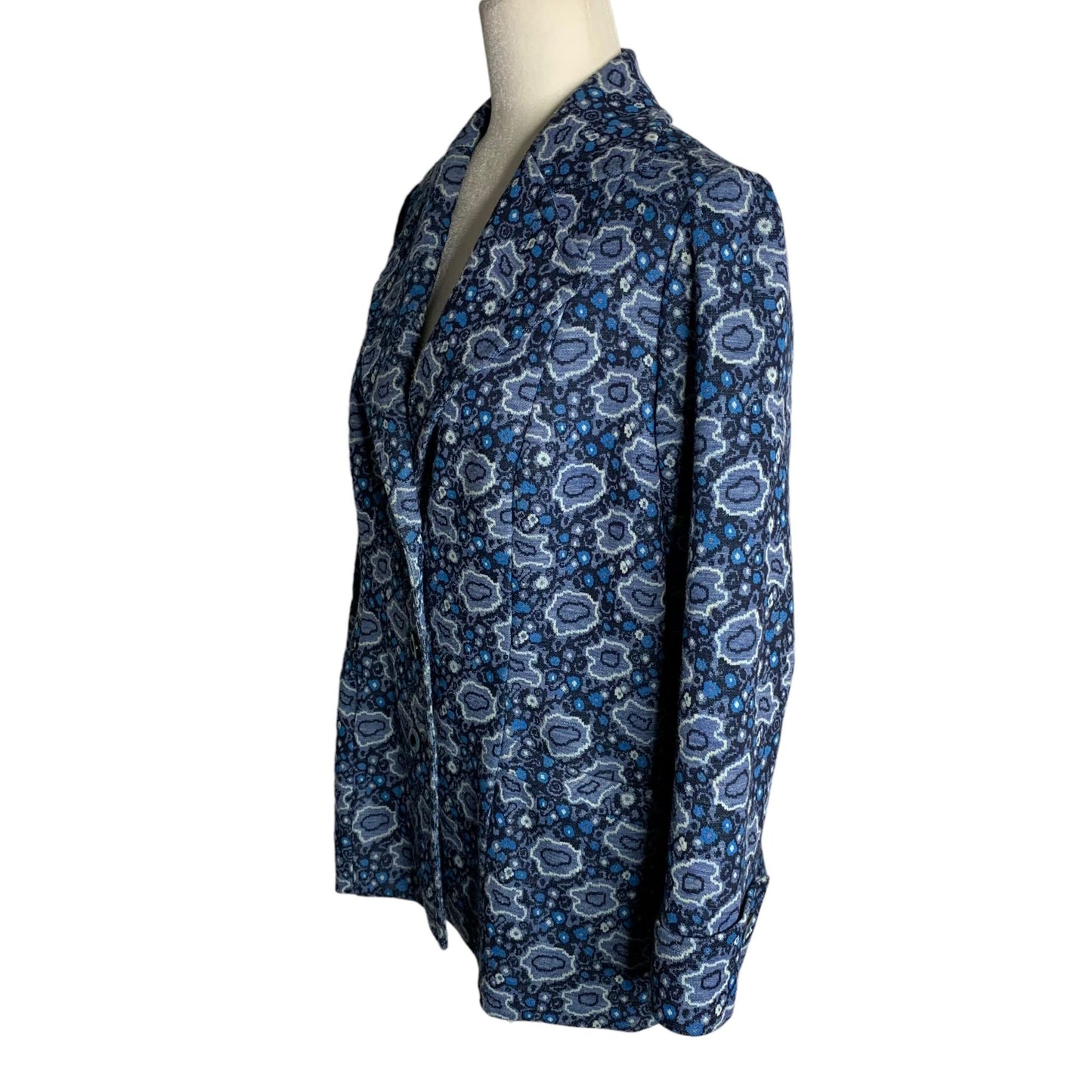 Vintage 70s Heavy Knit Blazer Jacket M Blue Floral Lined Pockets Buttons