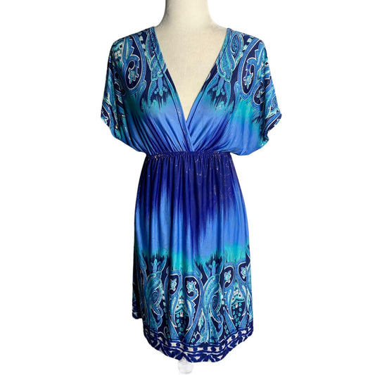 Shoreline V Neck Beach Dress S/M Blue Short Sleeve Elastic Waist Cover Up Mini