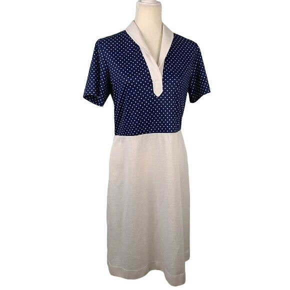 Vintage Polka Dot Linen Blend Dress M Blue White Zip V Neck Collar Rockabilly