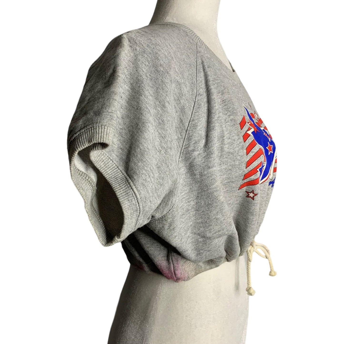 Vintage 80s Cropped Short Sleeve Sweatshirt L Grey Crewneck Drawstring Stars