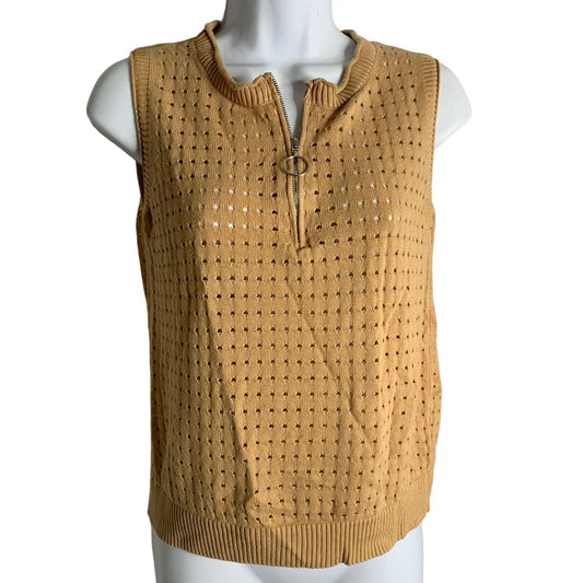 Sleeveless Loose Knit Tank Top M Khaki Tan Quarter Zip Pullover Viscose