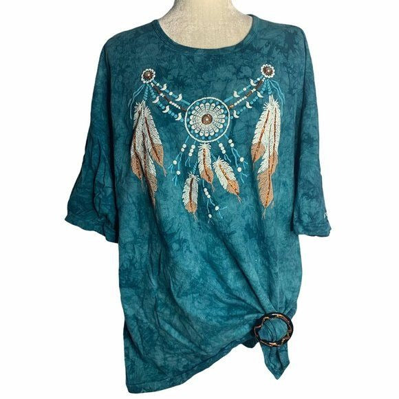 Vintage 90s Native American Tie Dye T Shirt XL Blue Green Painted Feathers Vegas