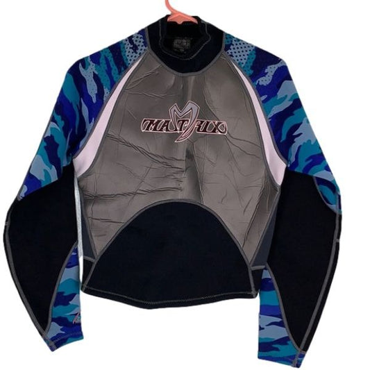 Slippery Matrix Wetsuit Long Sleeve Top M Blue Camo Pullover Neoprene Swim Surf