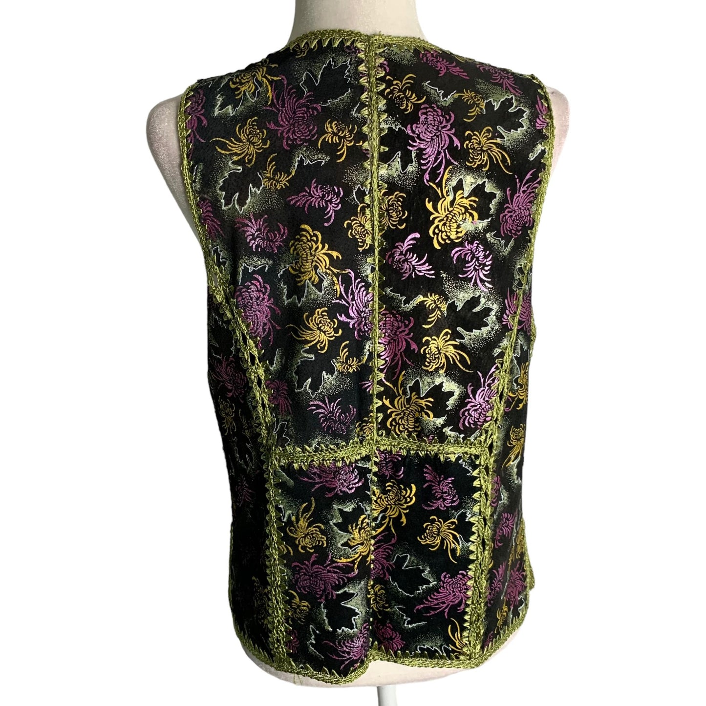 Reversible Crochet Embroidery Leather Vest S Black Floral Button Up Festival