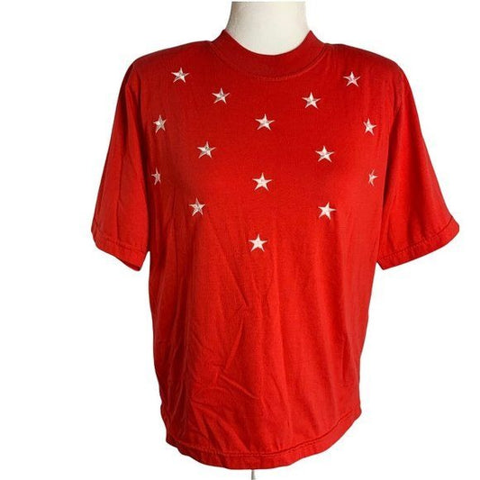 Vintage 90s Baxter & Wells Embroidered T Shirt M Red Stars Short Sleeves