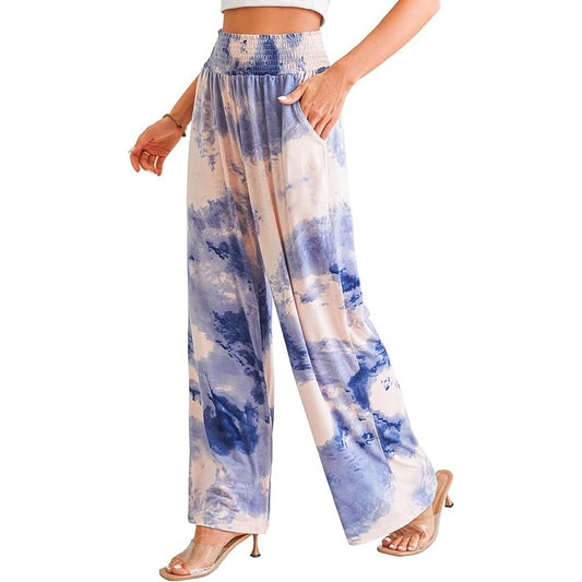 Tie Dye Wide Leg Pants Elastic Waistband Pockets Blue Pink Size XL Palazzo