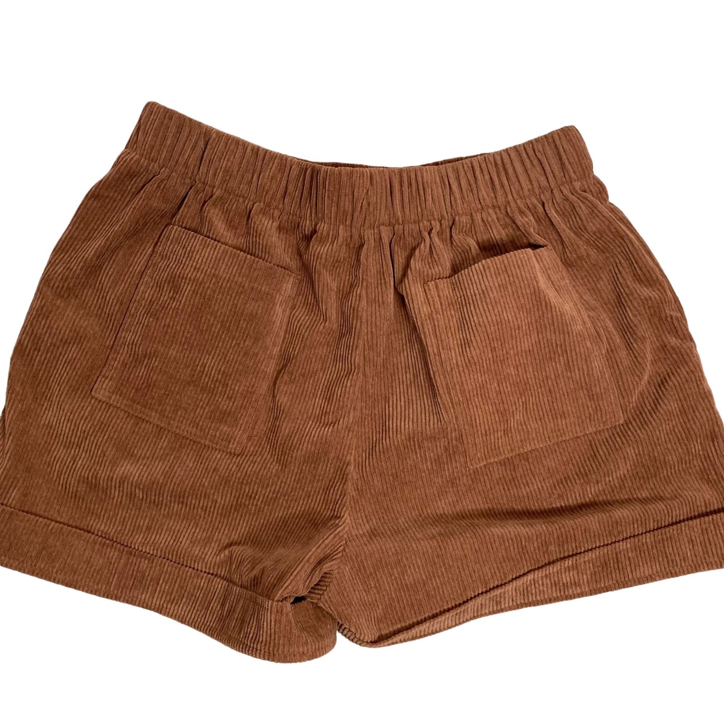 Retro Corduroy High Rise Shorts XL Brown Elastic Waist Large Pockets Cuffed