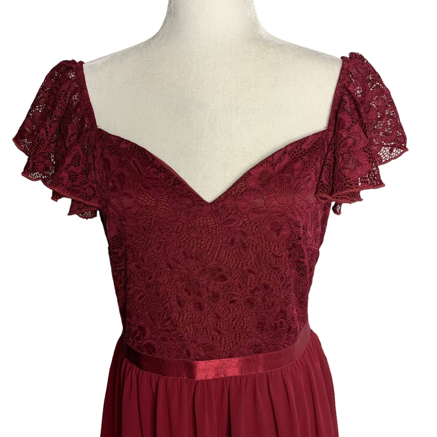 MissMay Retro Lace Chiffon Swing Dress L Wine Red Flutter Sleeve Lined Zip NEW