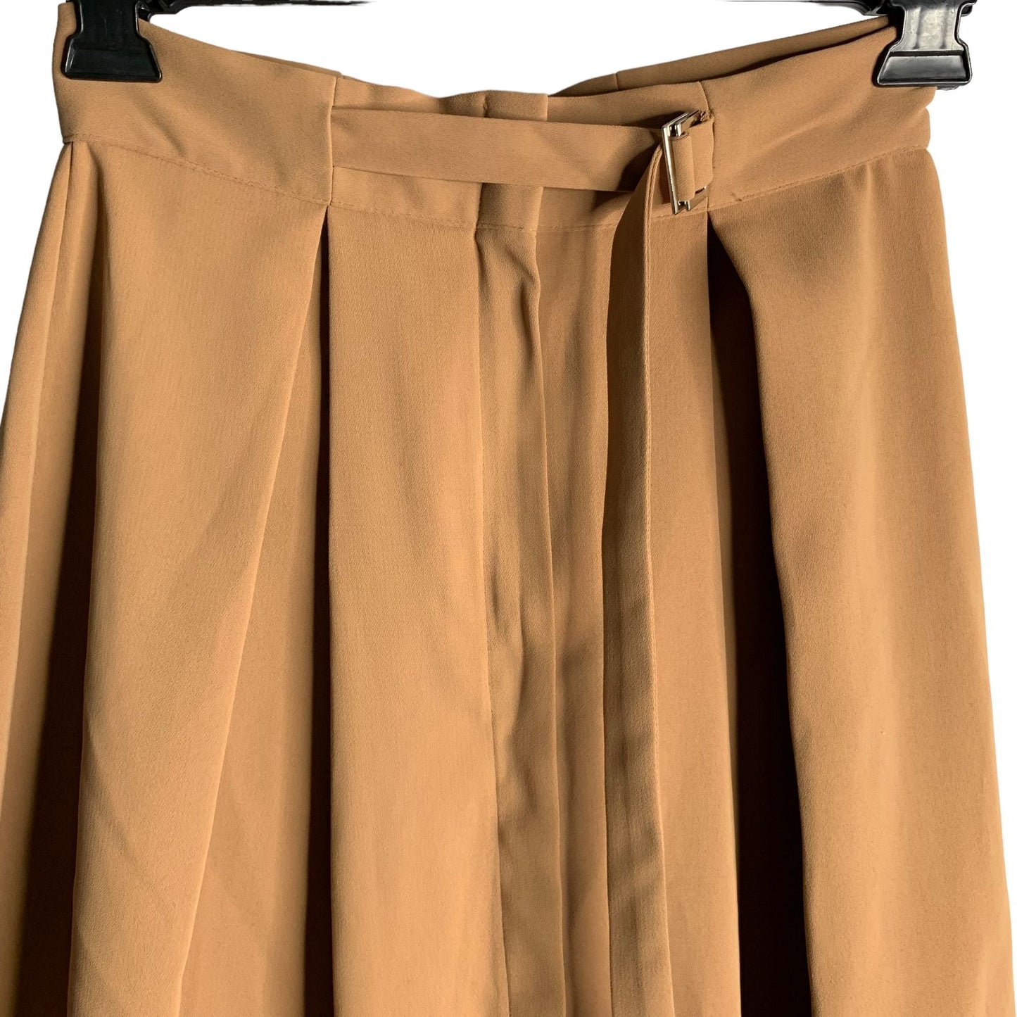 Bless Pleated Midi Swing Skirt M Camel Brown Belted Waist Zip Korean Fashion