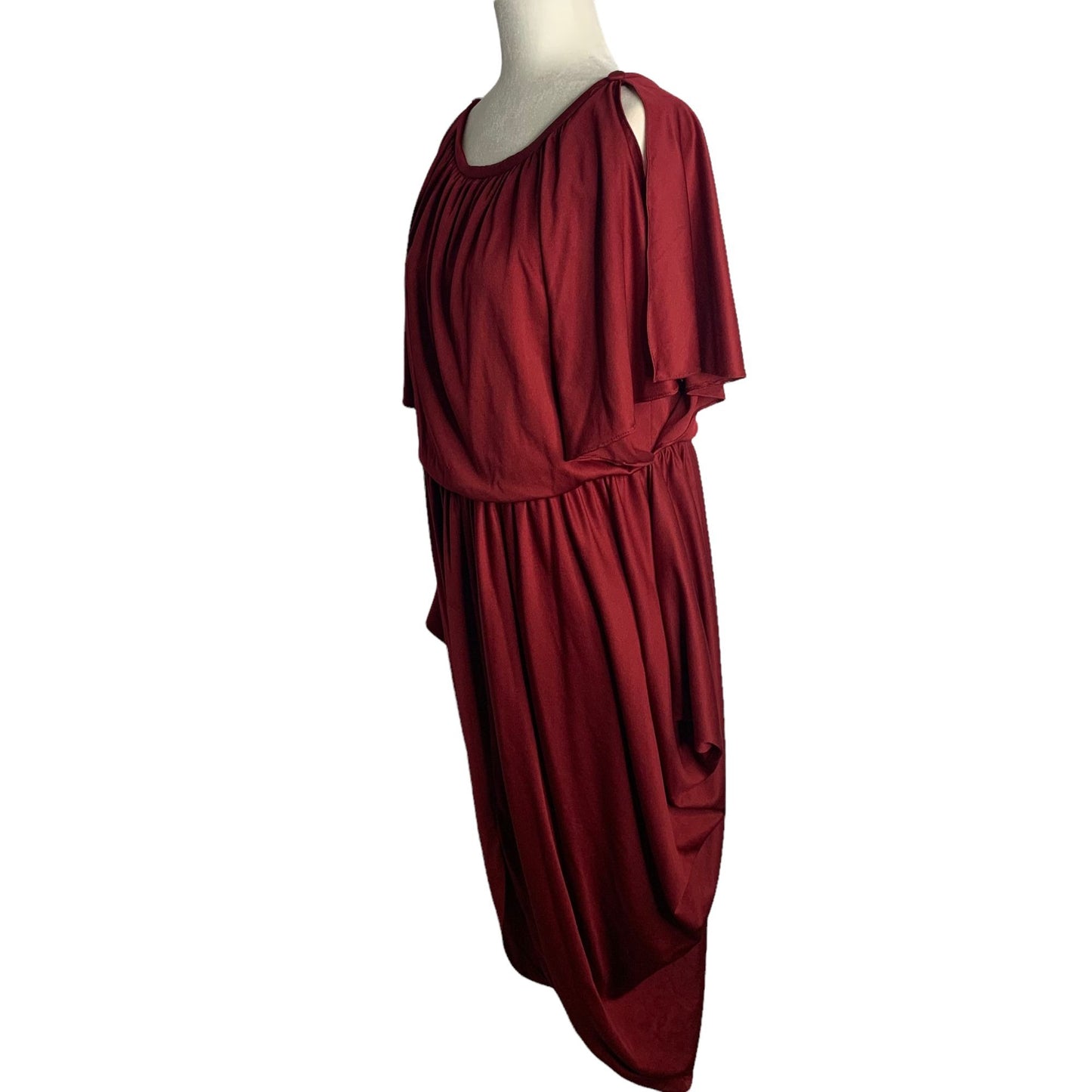 Vintage 70s Flutter Sleeve Cocoon Dress M Maroon Red Draped Disco Keyhole