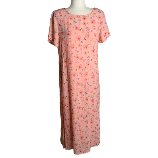 Vintage 90s Cottagecore Maxi Dress M Pink Slip Short Sleeve Round Neck Shift