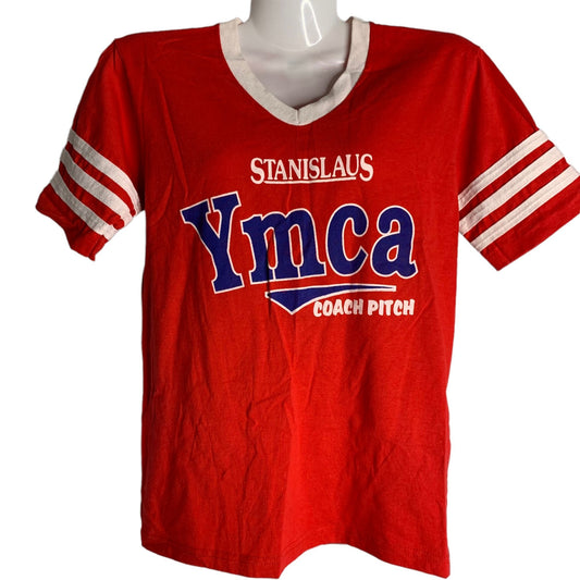 Vintage 80s YMCA Baseball T Shirt S Red V Neck Single Stitch Coach Pitch