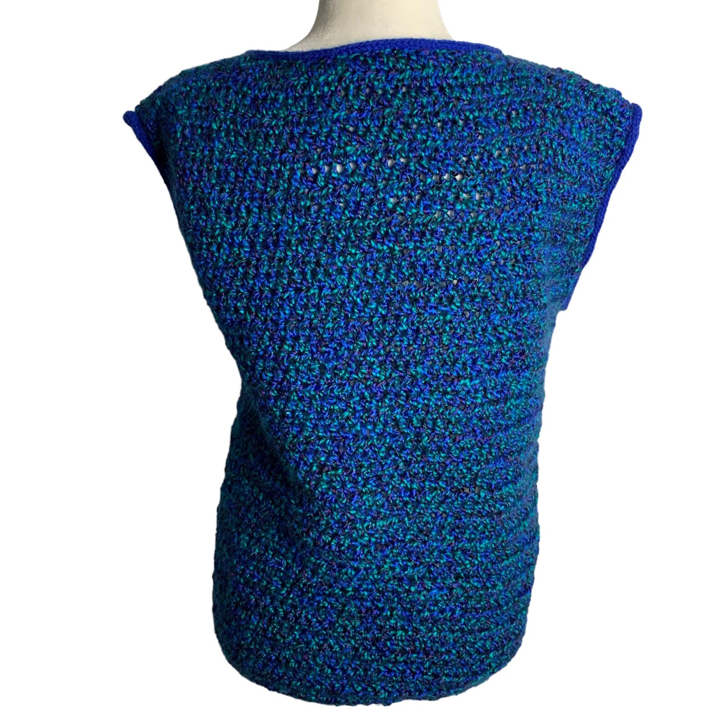 Vintage Handmade Knit Sweater Vest M Blue Green Sleeveless V Neck Soft Yarn