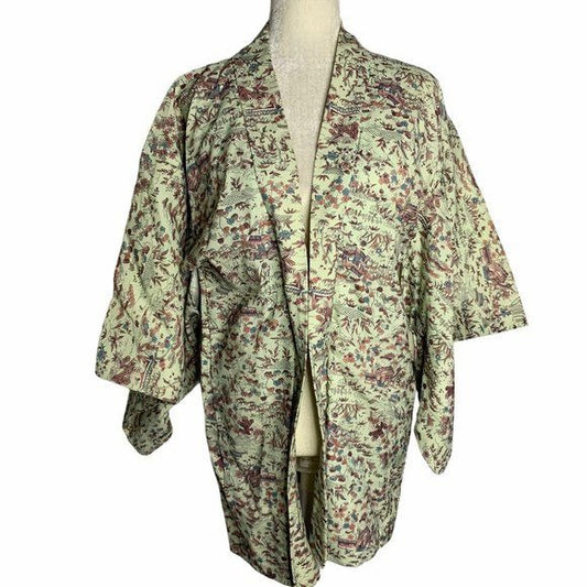 Vintage Floral Kimono Short Robe Jacket M Light Green Floral Lined Tie Waist