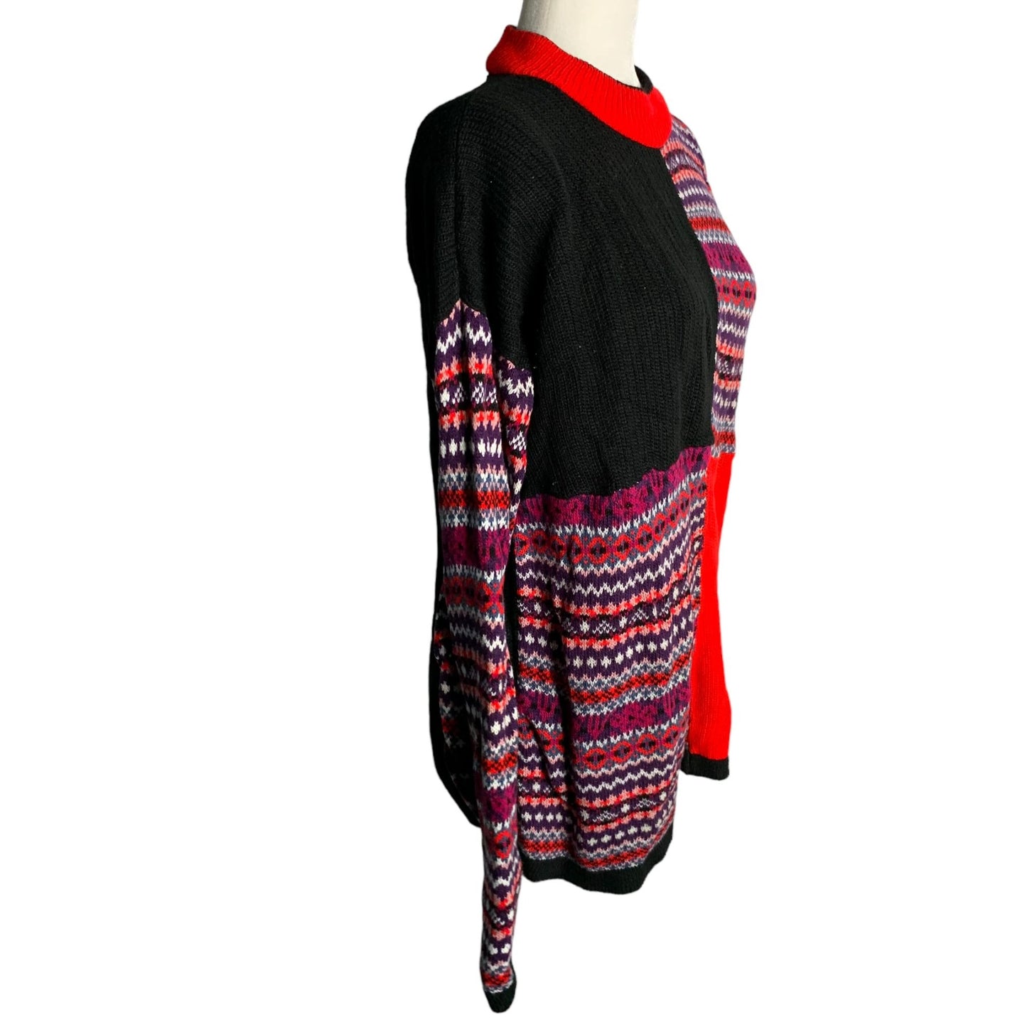 Vintage 90s Mockneck Knit Sweater M Black Red Long Sleeves Pullover Fair Isle