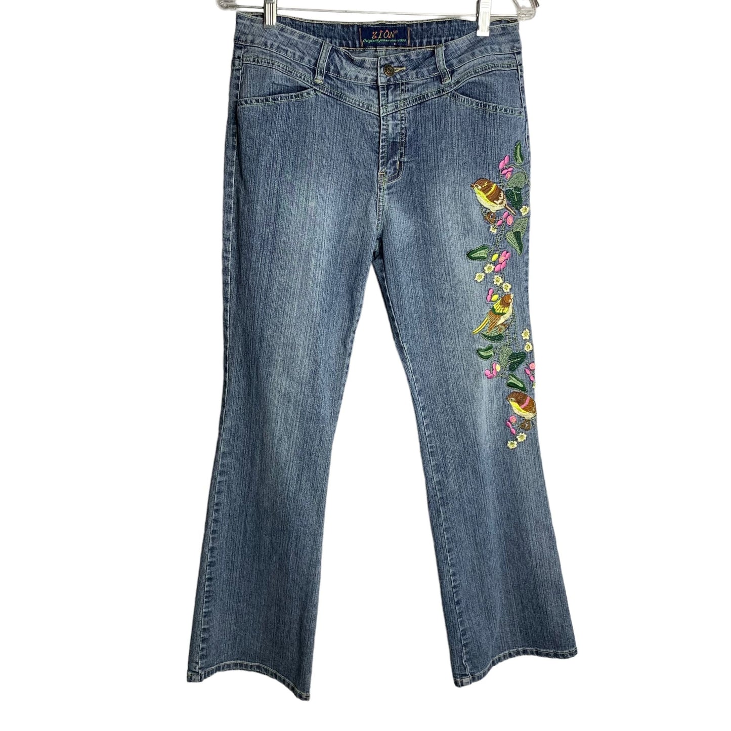 Vintage Y2K Mid Rise Embroidered Jeans 30 Med Wash Bootcut Flare Lace Birds