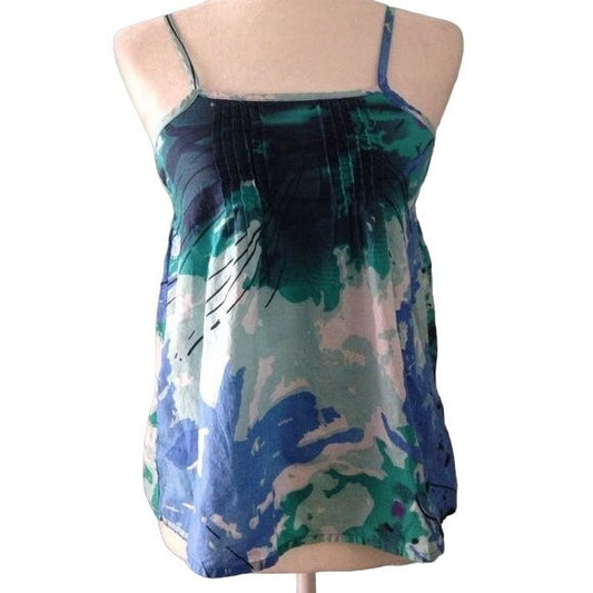 Uproar Sleeveless Babydoll Tank Top S Blue Watercolor Adjustable Straps Pleats
