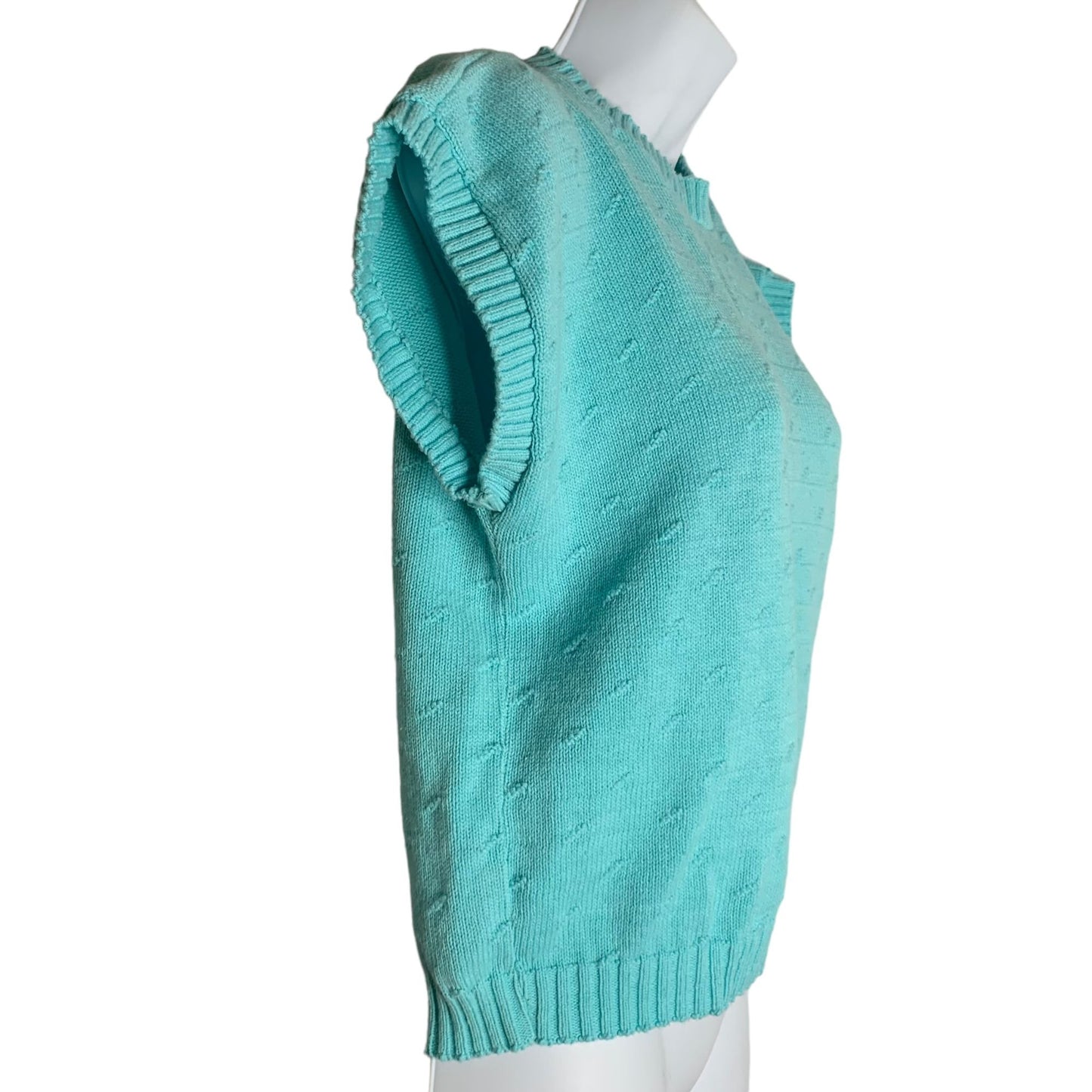 Vintage 80s Short Sleeve Knit Sweater S Teal Cotton Dolman Round Neck Ribbed