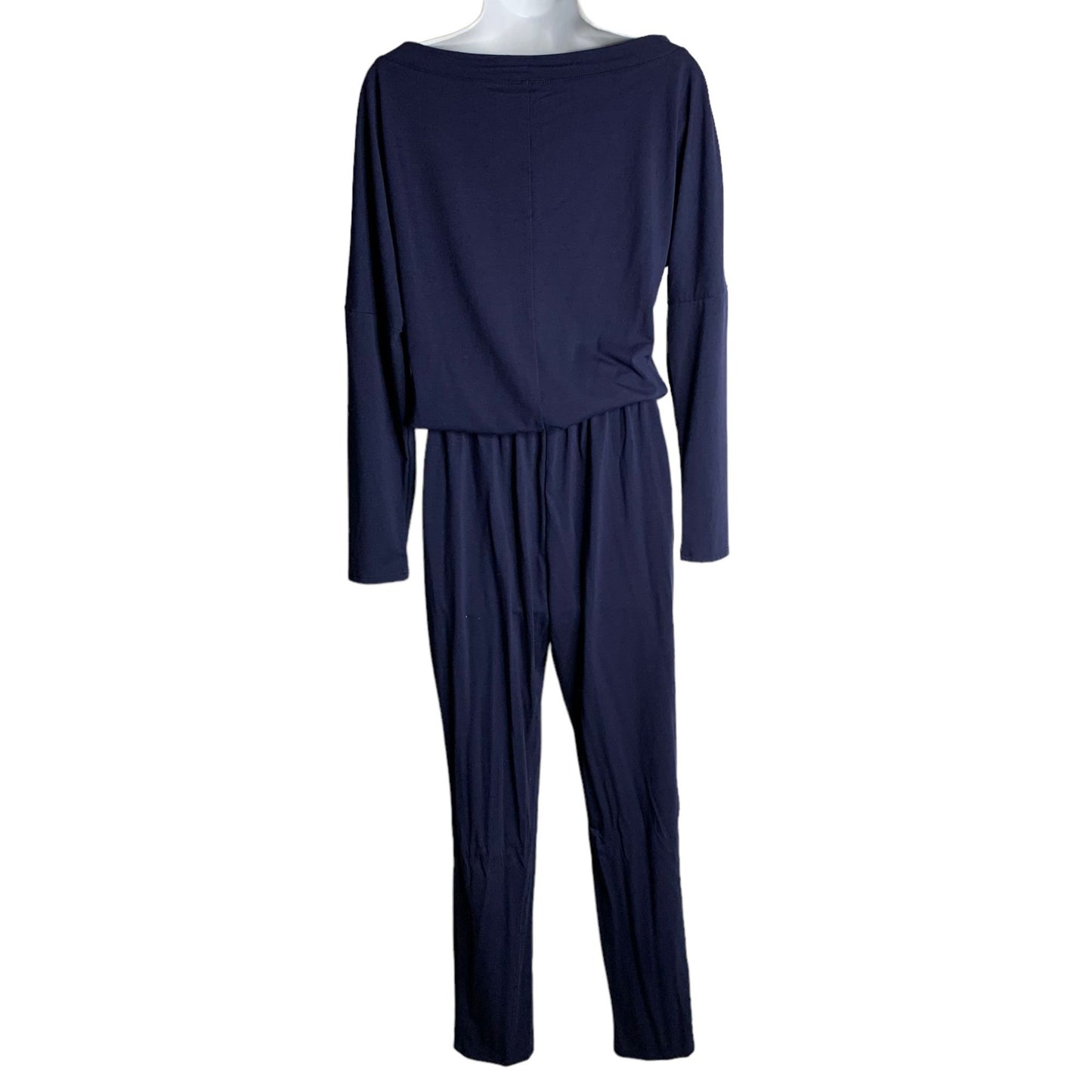 Brittany Humble Off Shoulder Jumpsuit XS Blue Elastic Waist Pockets Long Sleeves