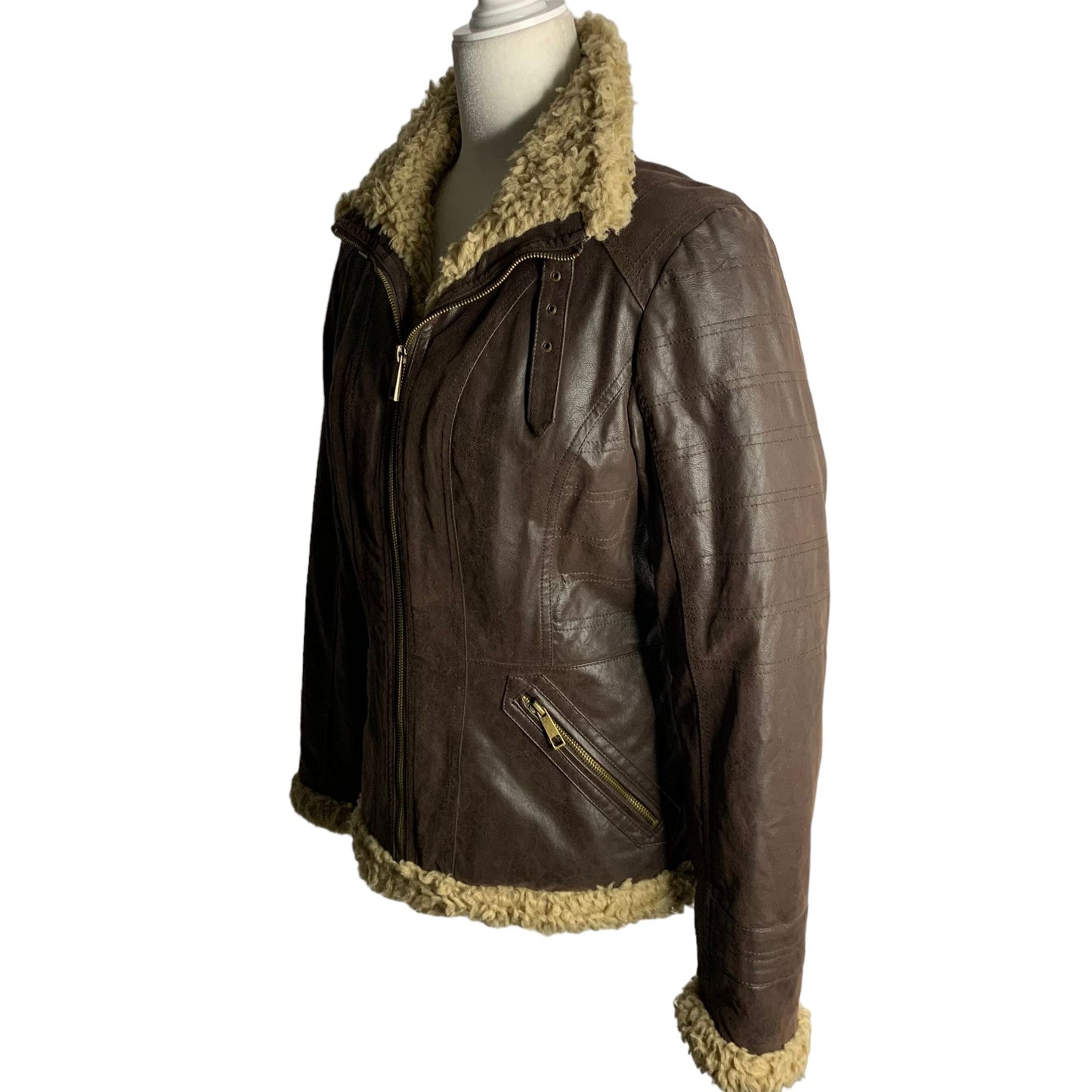 Giacca Faux Suede Sherpa Trim Jacket S Brown Zip Pockets Quilted Lining Bomber