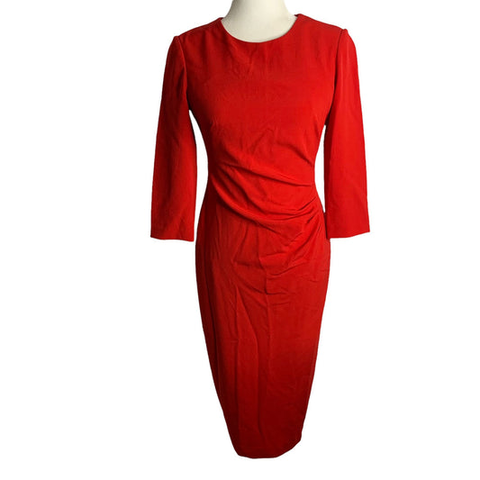 Maggy London Half Sleeve Sheath Dress 4 Red Midi Lined Round Neck Zipper