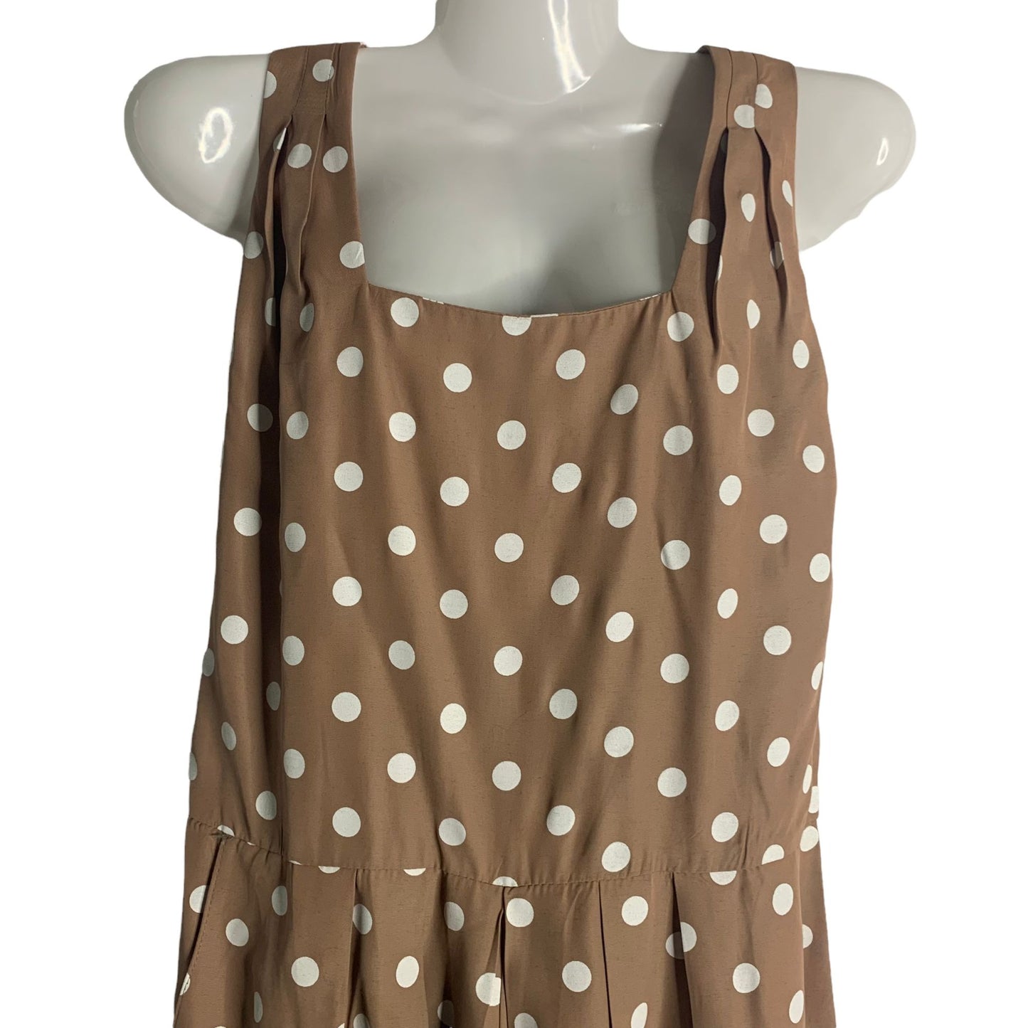 Vintage RJ Stevens Sleeveless Romper 12P Beige Polka Dot Pockets Pleated Zip