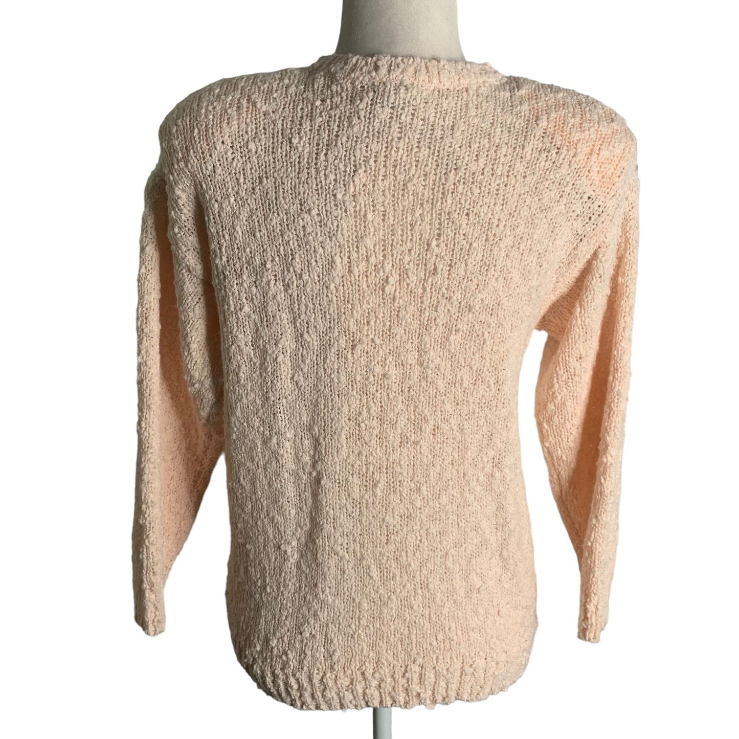 Vintage 80s Boucle Knit Sweater S Pink Embroidered Rose Applique Beaded Pullover