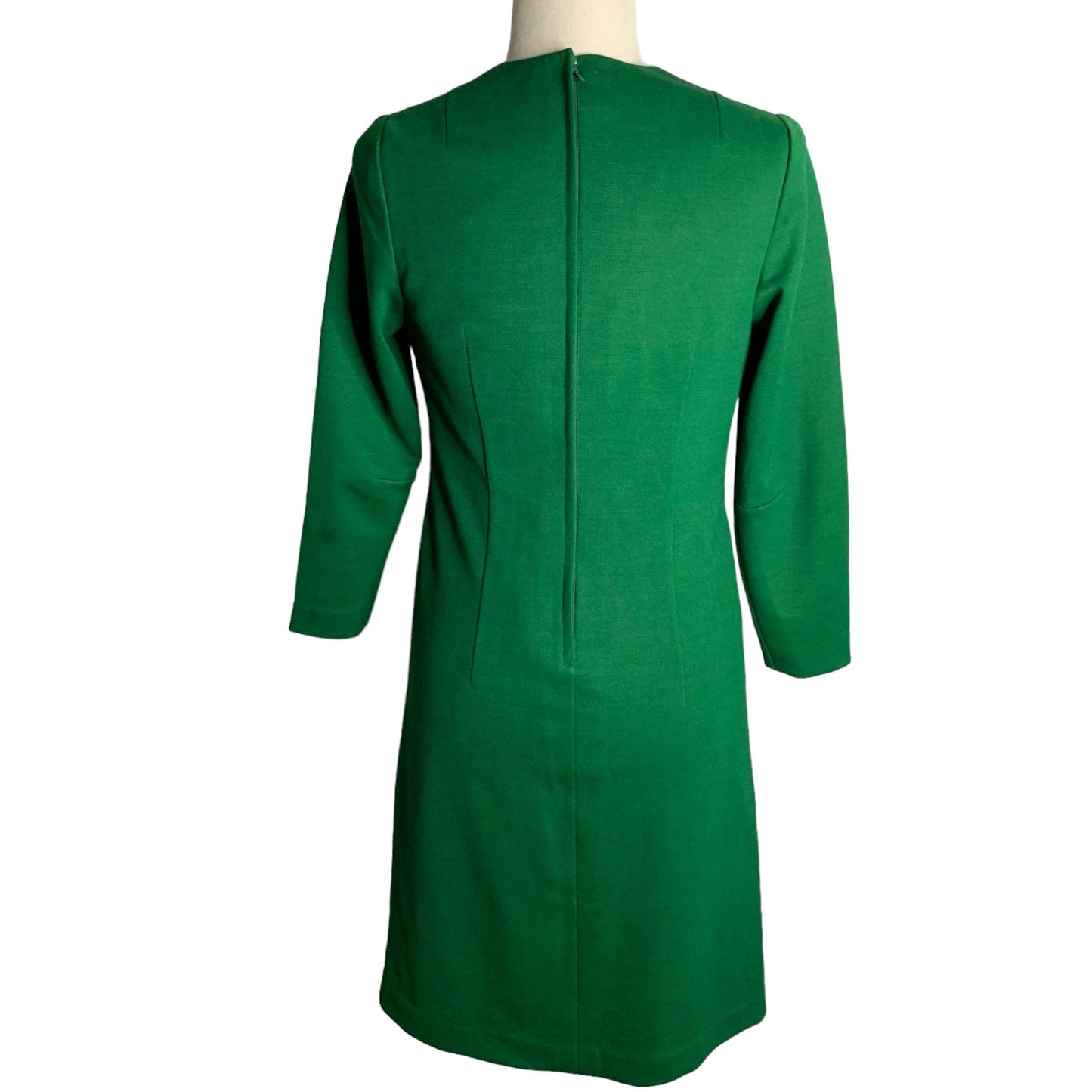 Vintage 60s Stretch Knit Mod Shift Dress S Green Lined 3/4 Sleeve Round Neck Zip