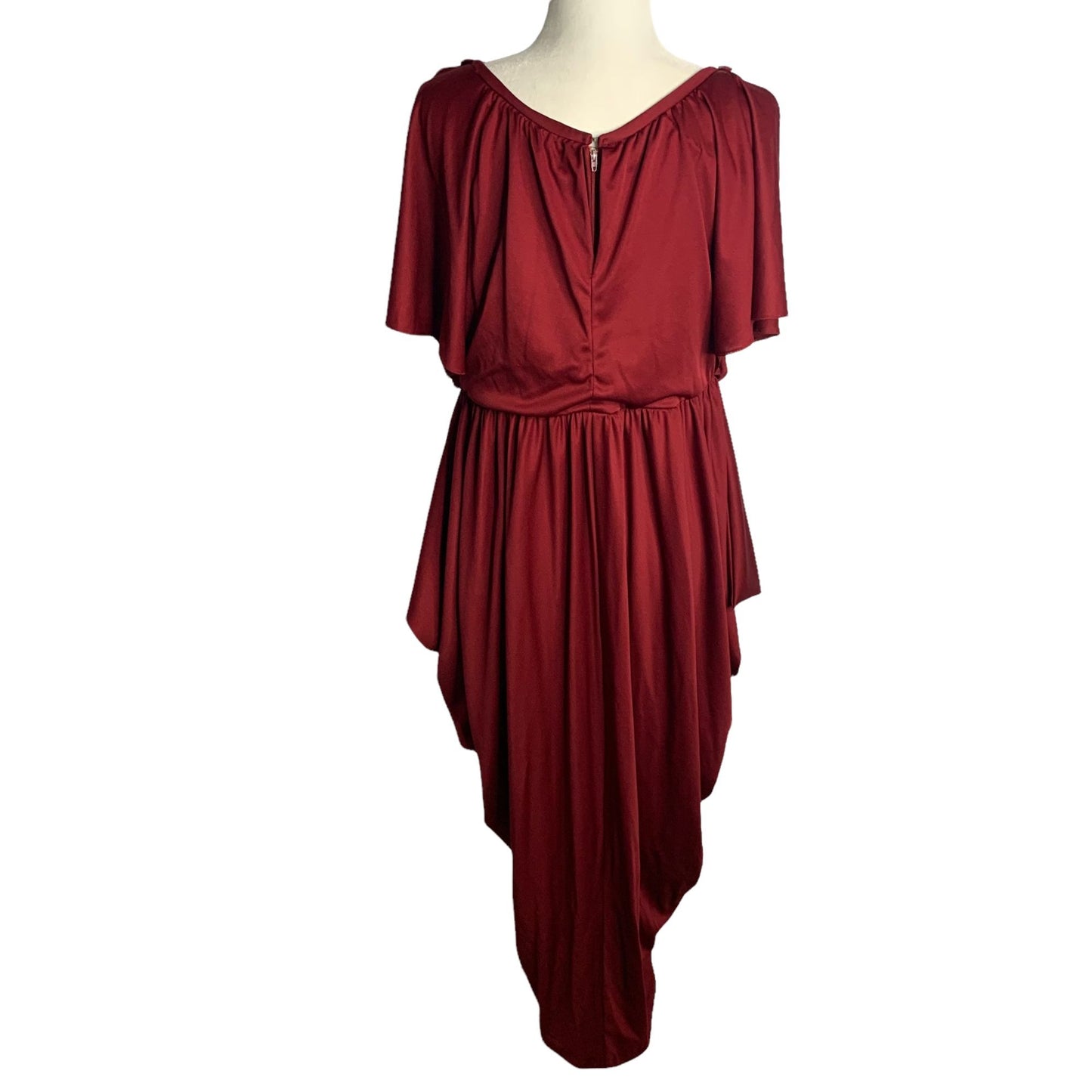 Vintage 70s Flutter Sleeve Cocoon Dress M Maroon Red Draped Disco Keyhole