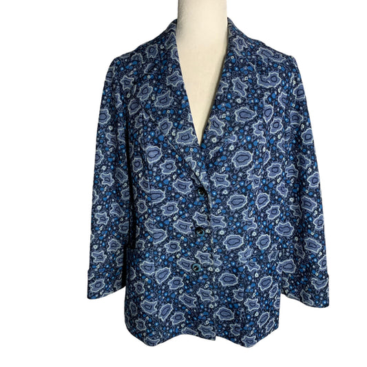 Vintage 70s Heavy Knit Blazer Jacket M Blue Floral Lined Pockets Buttons