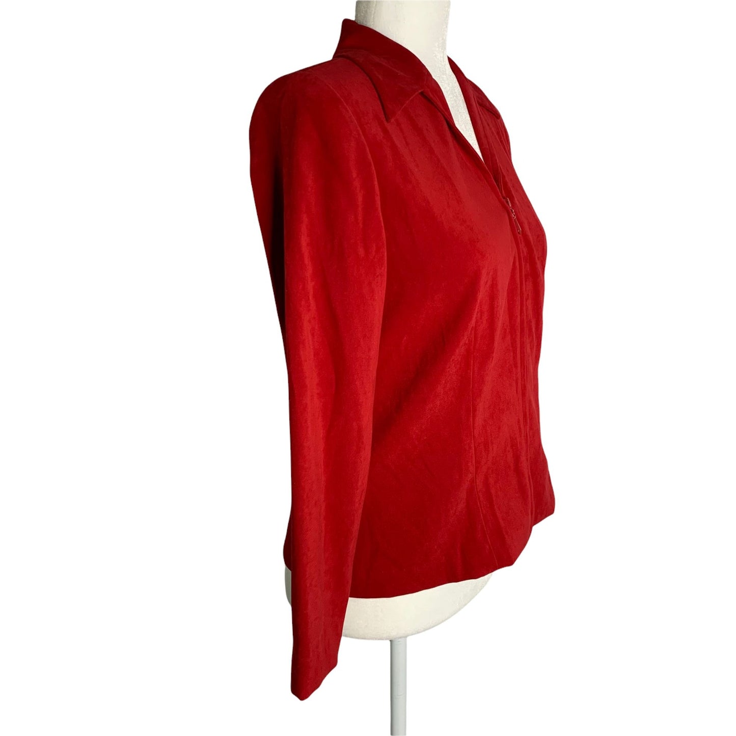 Vintage 90s Zip Up Shirt Jacket 4P Red Long Sleeve Collar V Neck Shoulder Pads