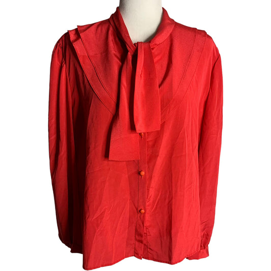 Vintage 80s Button Up Secretary Blouse L Red Long Sleeve Tie Bow Layered Collar