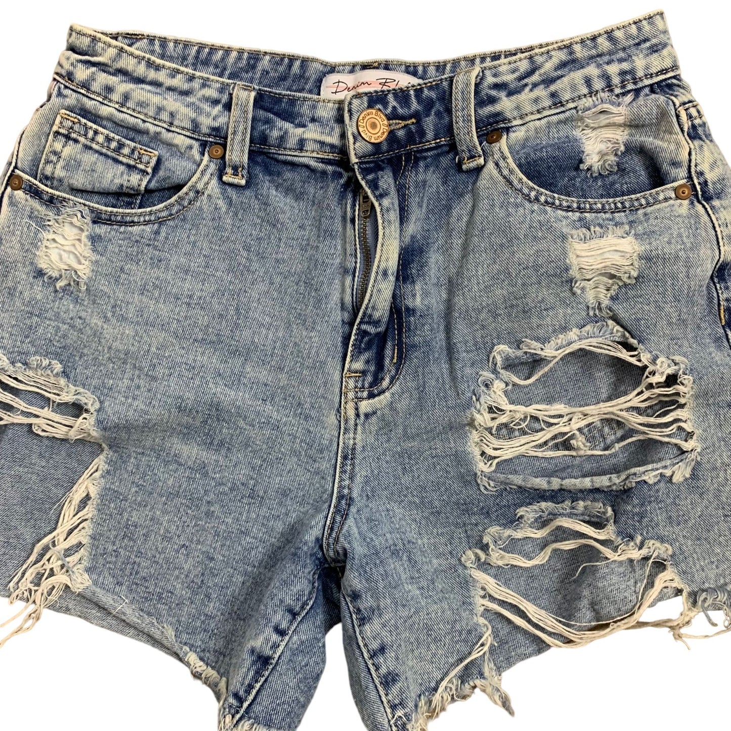 Denim Blvd Mid Rise Destroyed Shorts S Med Wash Jean 5 Pocket Cut Off Button Zip