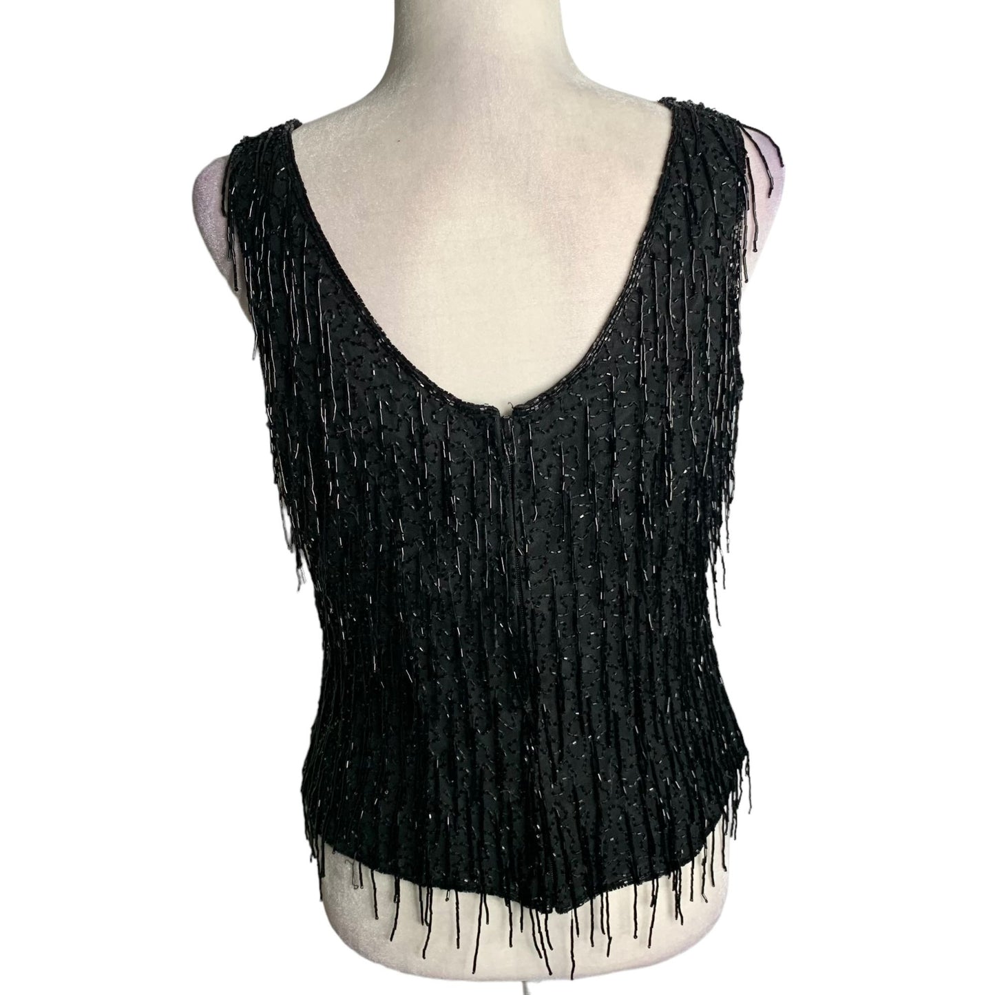 Vintage 90s Silk Beaded Tank Top L Black Lined Full Zip Back Evening Flapper