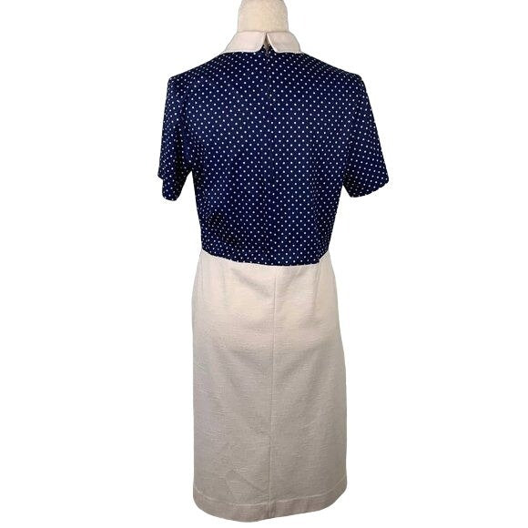 Vintage Polka Dot Linen Blend Dress M Blue White Zip V Neck Collar Rockabilly