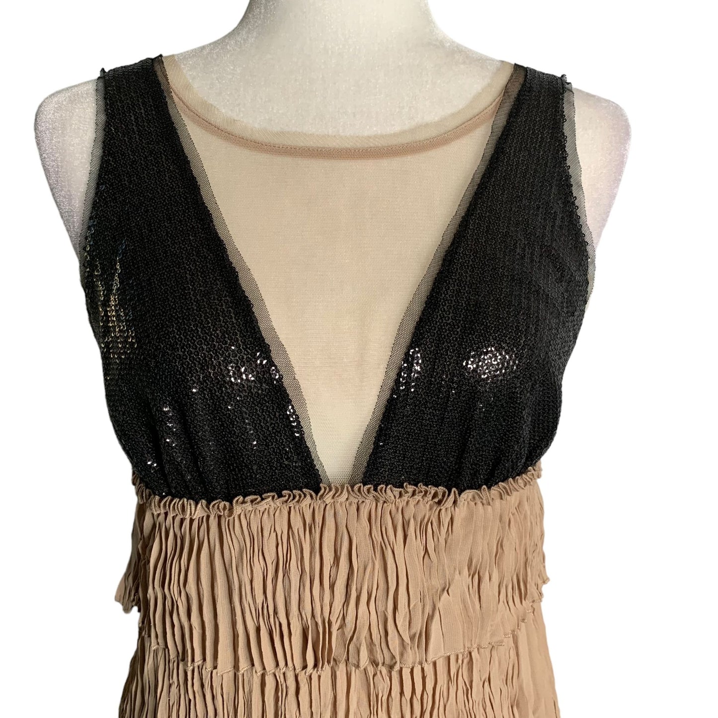 Vintage Y2K BCBG Pleated Mini Dress XS Tan Sequin Mesh Top Lined Zip Layered