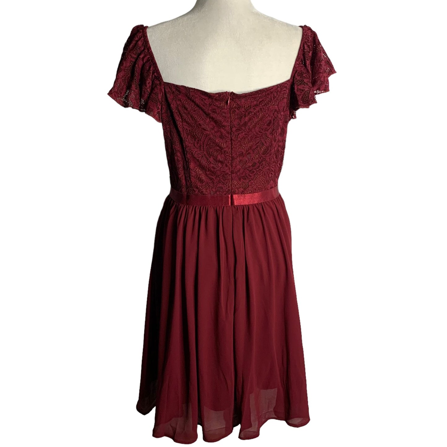 MissMay Retro Lace Chiffon Swing Dress L Wine Red Flutter Sleeve Lined Zip NEW