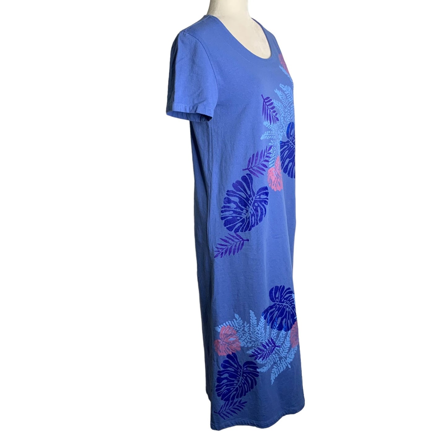 Vintage 90s Hand Painted Maxi Dress S Blue Hawaiian Floral Short Sleeve Cotton