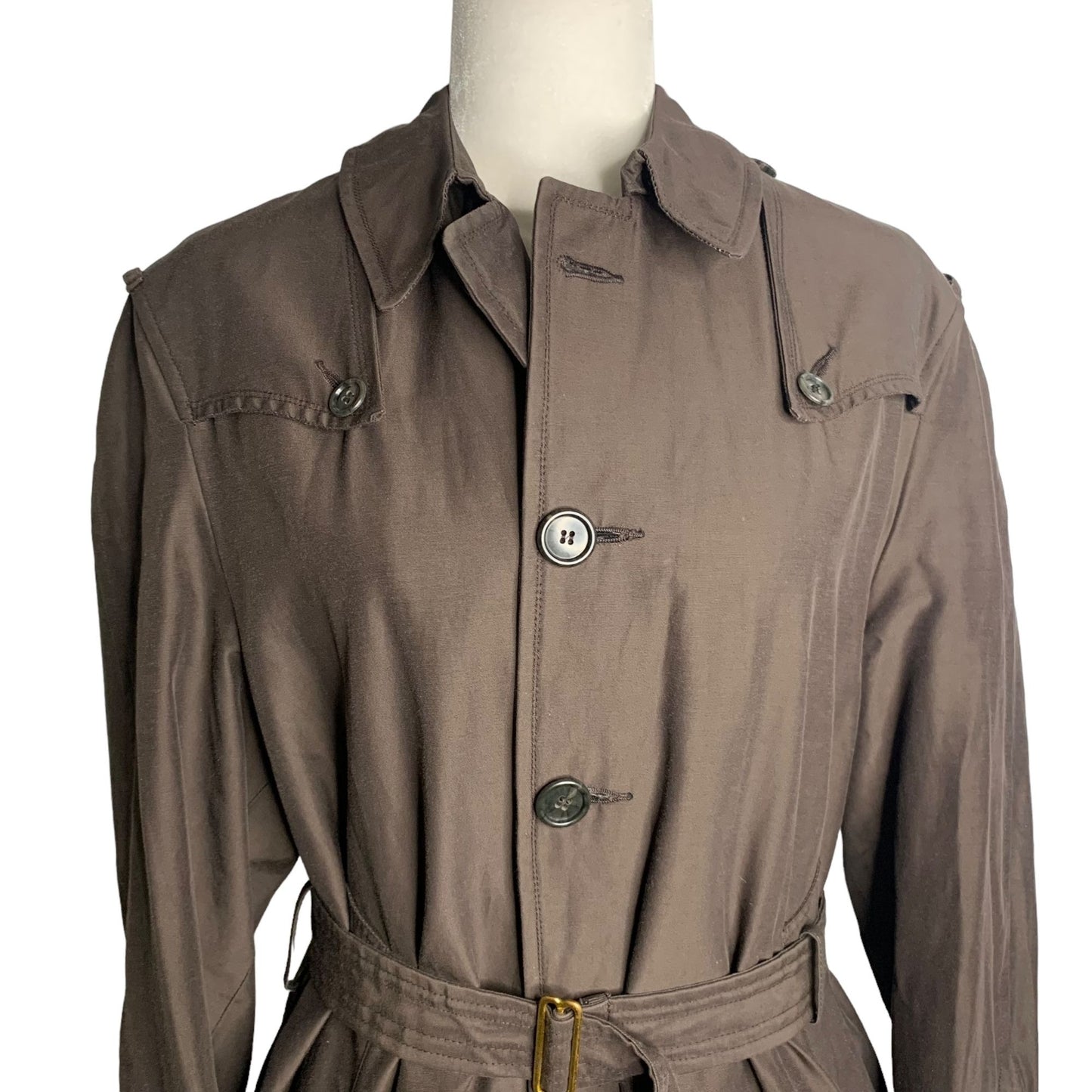 Vintage 70s Womens Rain Trench Coat L Brown Buttons Lined Pockets Belted