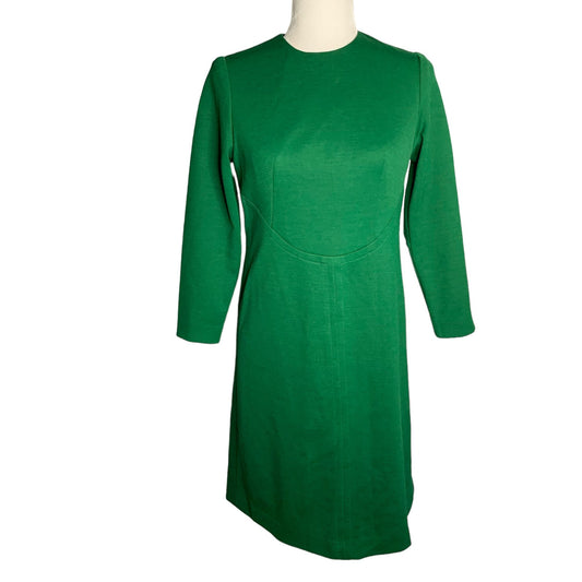 Vintage 60s Stretch Knit Mod Shift Dress S Green Lined 3/4 Sleeve Round Neck Zip