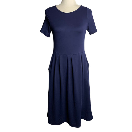 24 Seven Comfort Apparel Pleated Midi Dress S Navy Blue Short Sleeves Pockets