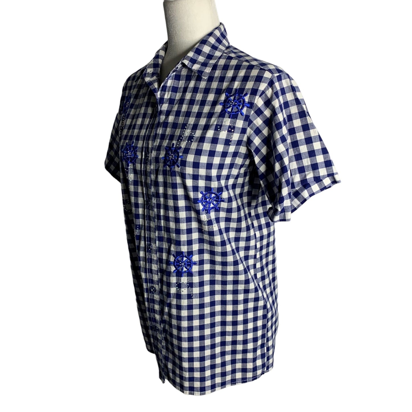 Quacker Factory Embroidered Button Up Shirt XXS Blue Gingham Short Sleeves