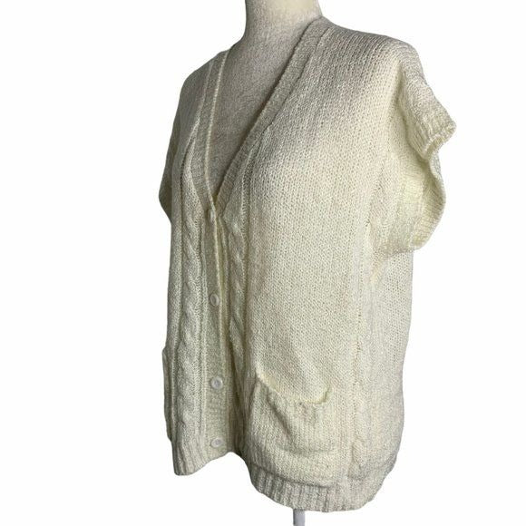 Vintage Short Sleeve Knit Cardigan Sweater L White Buttons Short Sleeves Pockets