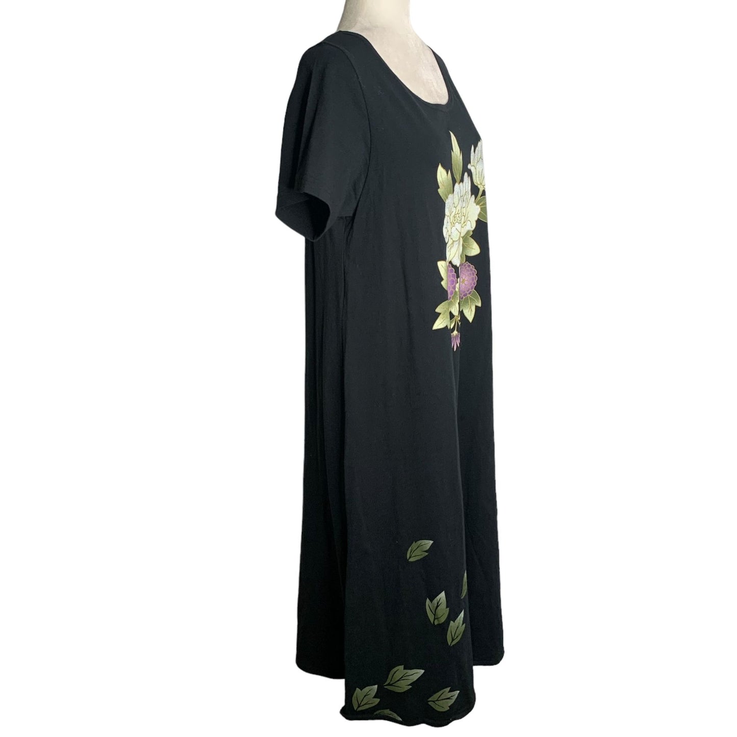 Vintage 90s Hawaiian Maxi T Shirt Dress M Black Floral Painted Short Sleeves