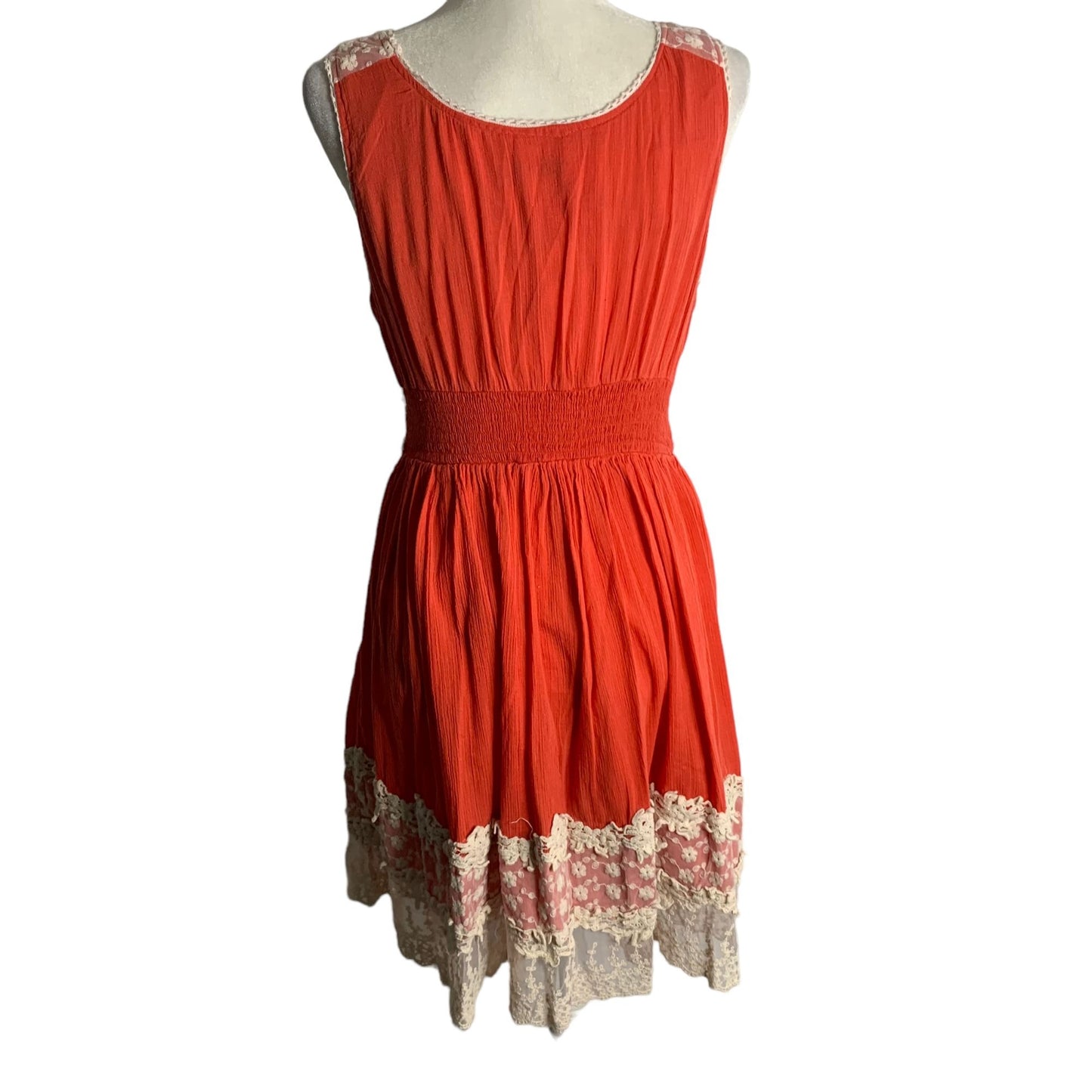 Vasna Fit N Flare Cotton Lace Dress L Coral Orange V Neck Lined Boho Knee Length