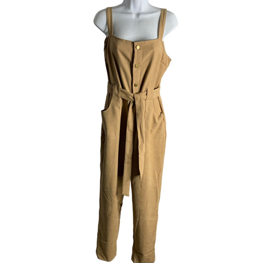 Shein Button Up Faux Suede Jumpsuit L Tan Pockets Adjustable Straps Pockets